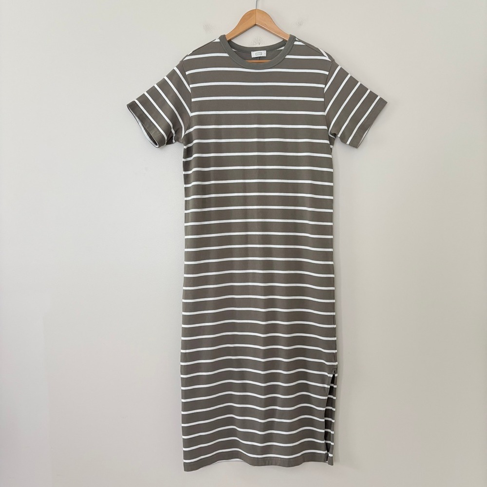 AYR T-Shirt Dress The Practice Dress Small Olive Brown White Striped Midi Slit